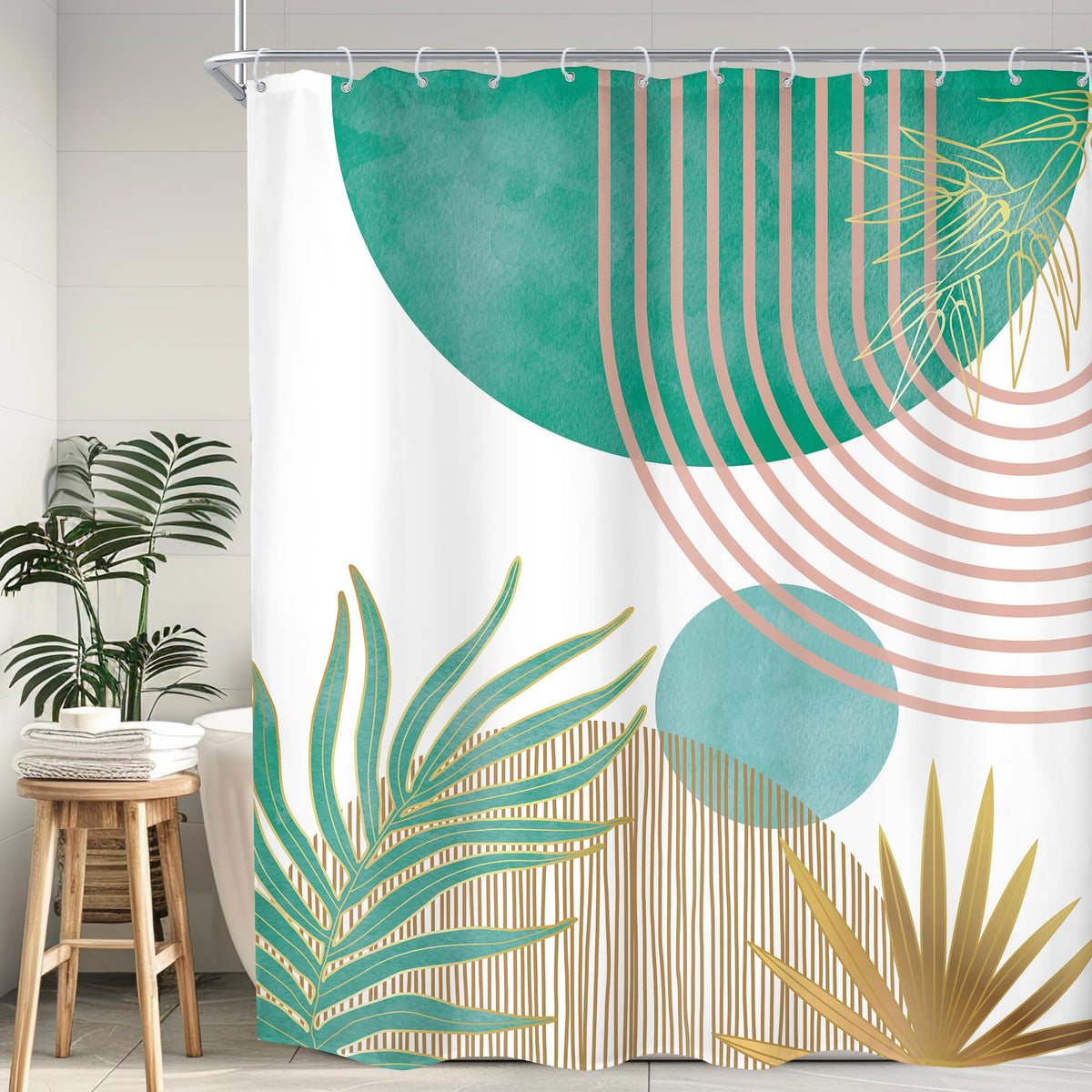 KOMLLEX Mid Century Green Boho Shower Curtain, Abstract Modern Shower Curtains for Bathroom, Plant Botanical Minimalist Leaf Arch Sun Fabric Liner Waterproof Polyester 12 Pack Hooks 60Wx72L Inches