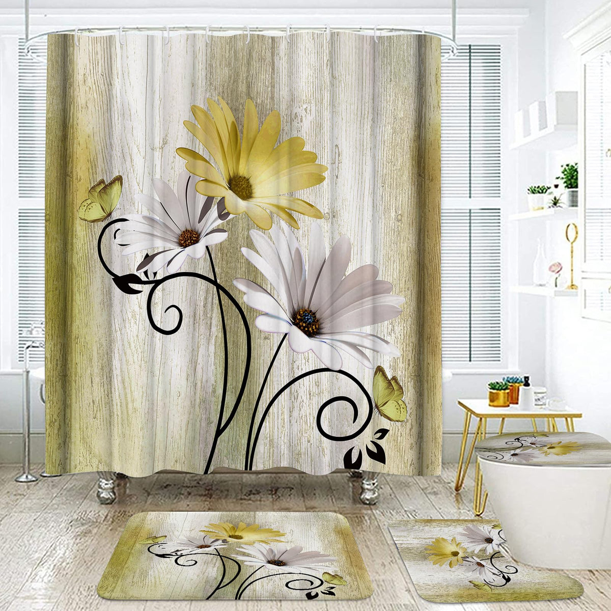 Onalasyc 4PCS Teal Daisy Floral Bathroom Sets with Shower Curtain and Rugs