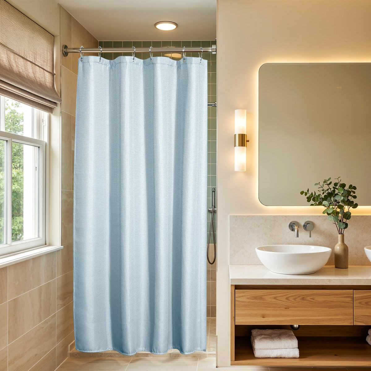 AmazerBath White Shower Curtain Fabric, Waffle Shower Curtains for Bathroom, Cloth Shower Curtain Heavy Duty, Thick Bathroom Shower Curtains Hotel Quality, Premium Polyester, 72x72 Inches
