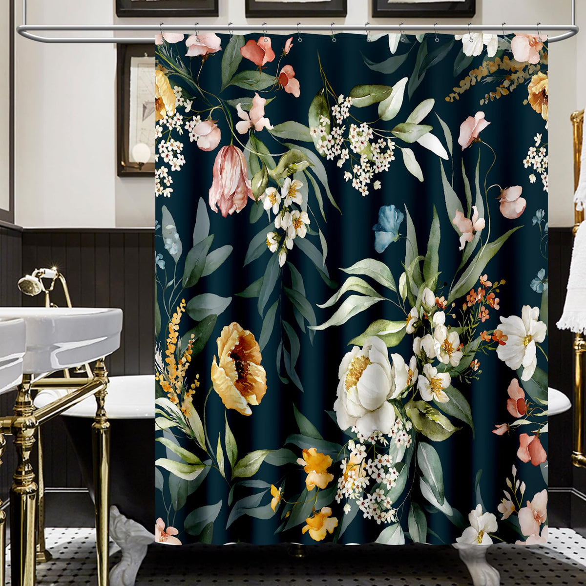 Amaredom Floral Shower Curtain with 12 Metal Hooks, 72x72 Inches