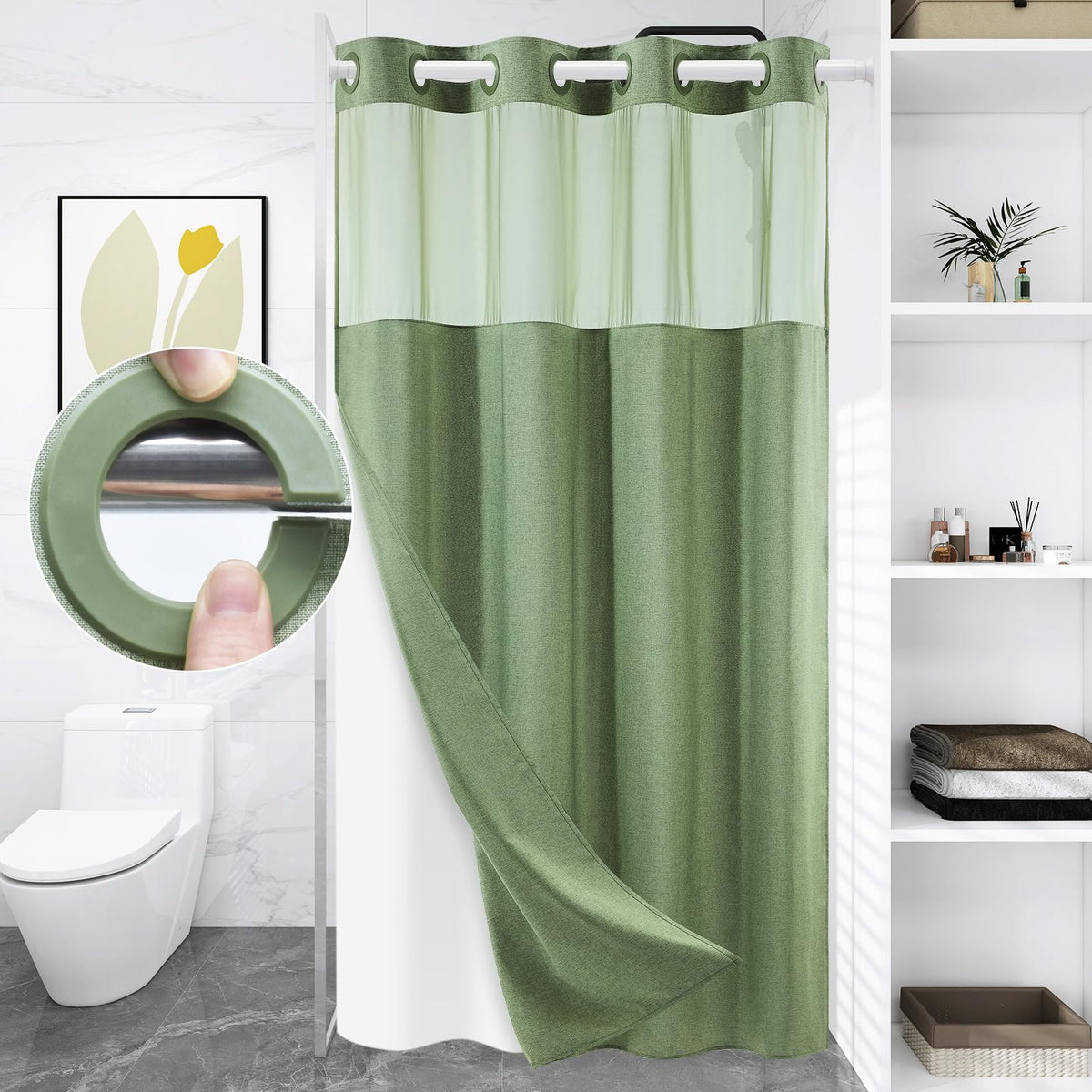 WONICY Hook-Free Shower Curtain with Snap-in Liner, Cream, 71 x 74