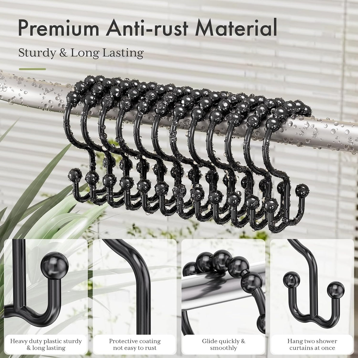 Amazer Plastic Shower Curtain Hooks, Black Shower Curtain Rings, 12Pcs Shower Hooks for Shower Curtain, Double Shower Rings, Bathroom