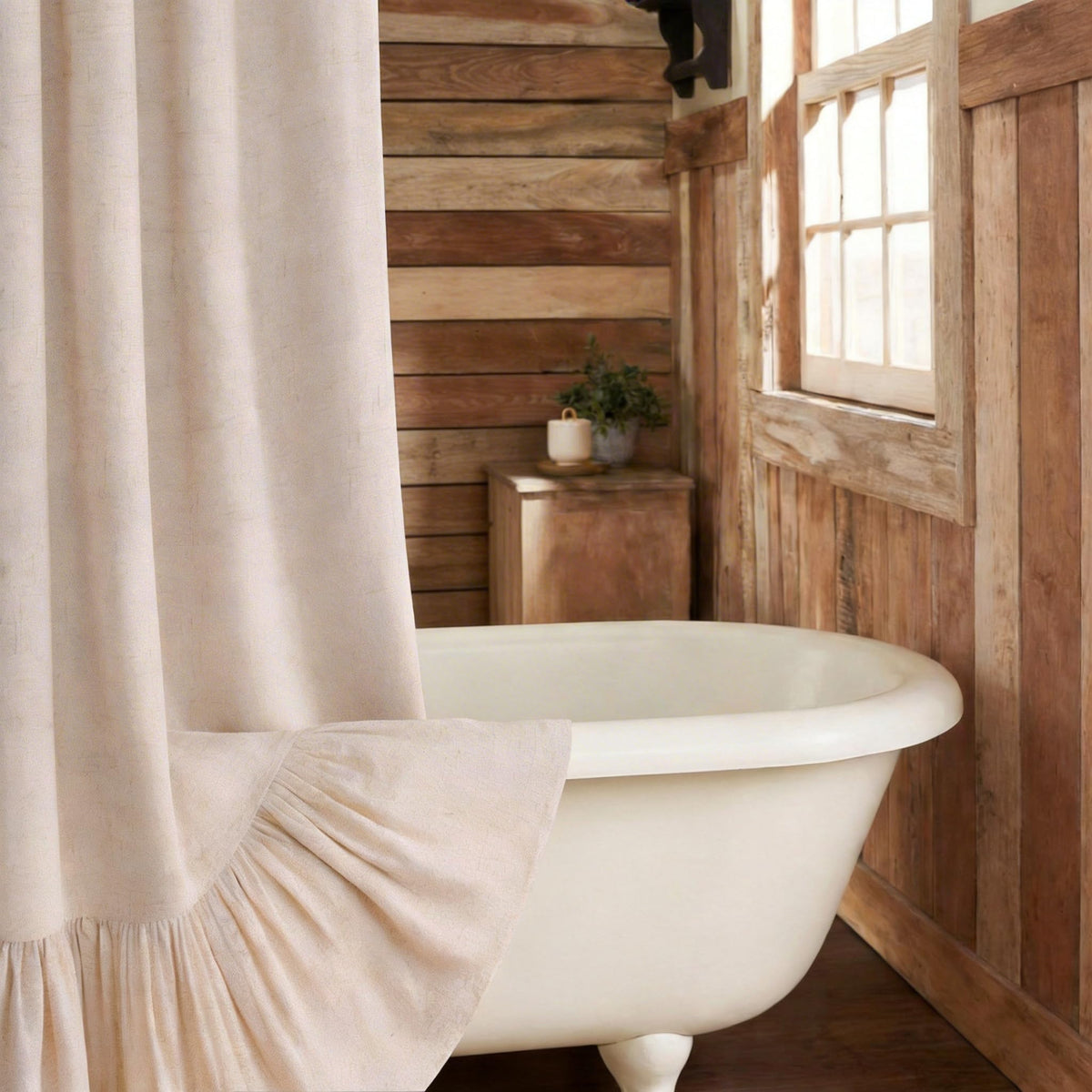 Farmhouse Shower Curtain Ruffle Linen Cream-Green Stripe 72"W x 72"L