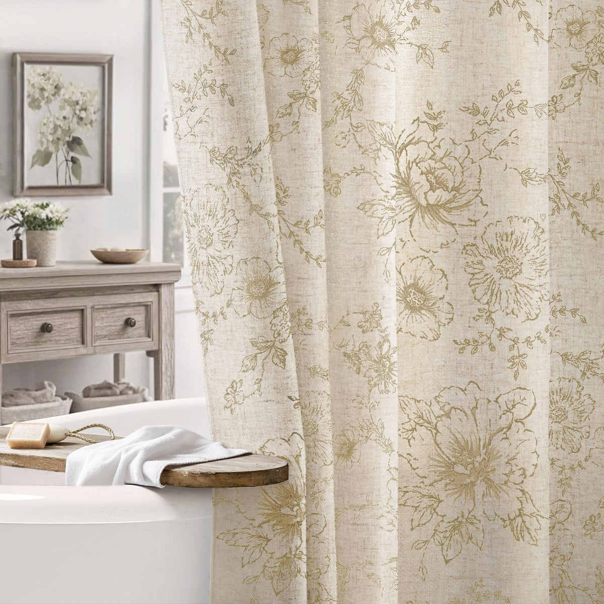 Farmhouse Floral Vintage Shower Curtain for Bathroom, Black and Tan Taupe
