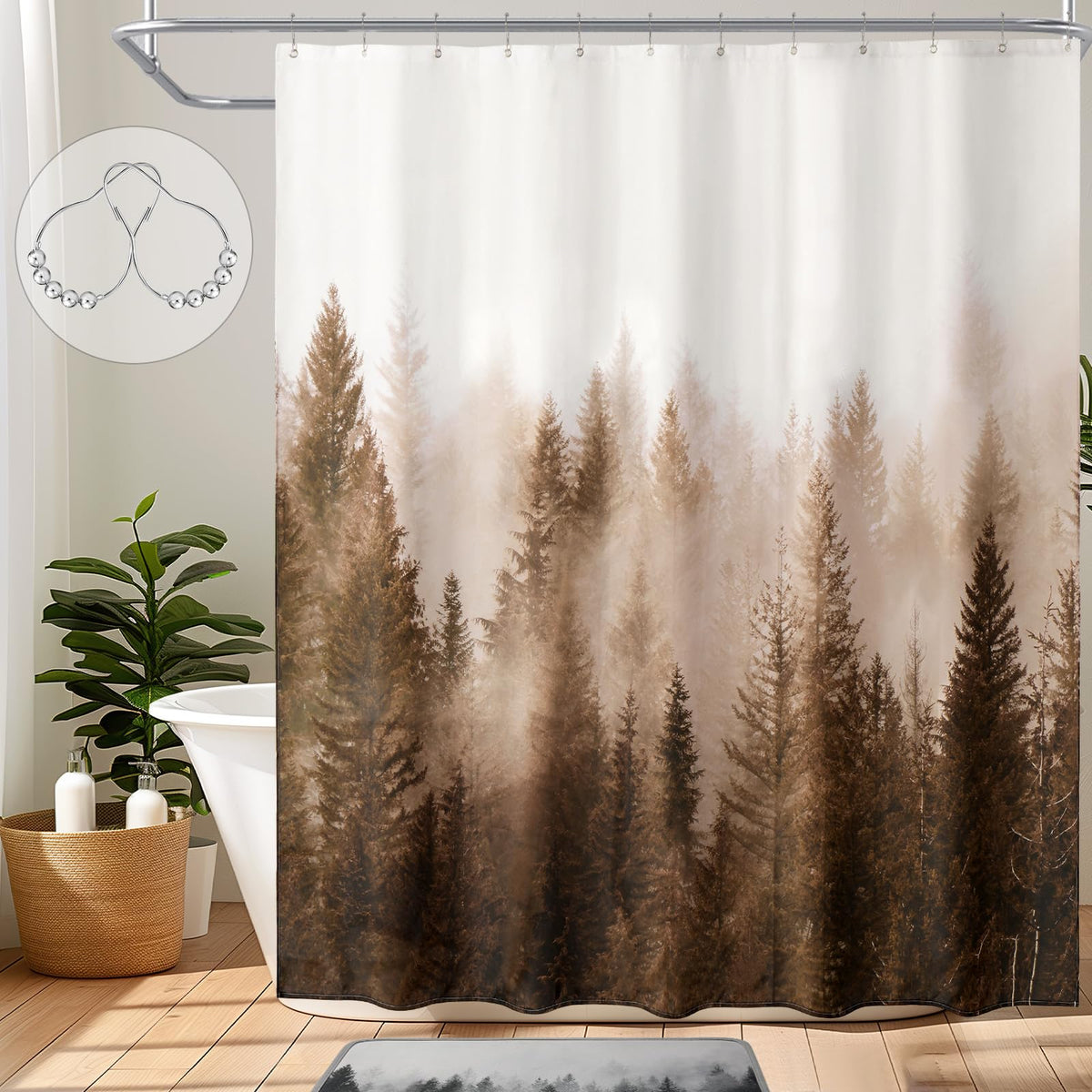 ORTIGIA Black and White Misty Forest Shower Curtain for Bathroom, Nature Woodland Curtain Set with Hooks, Decorative Pine Tree Fog Magic Bath Decor for Home Weighted, 72x72