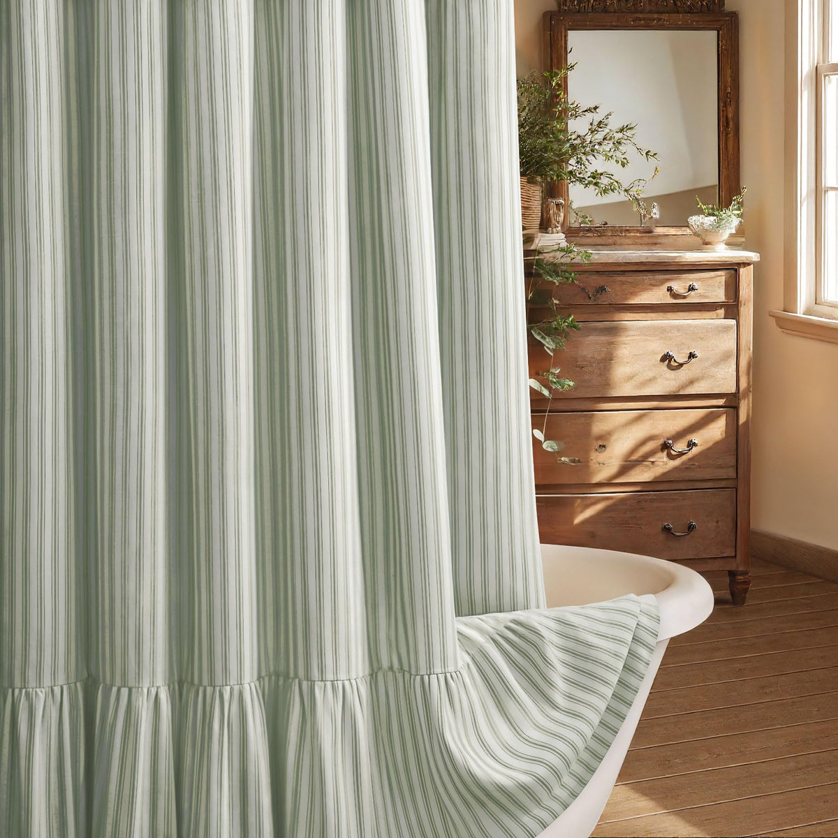 Farmhouse Shower Curtain Ruffle Linen Cream-Green Stripe 72"W x 72"L