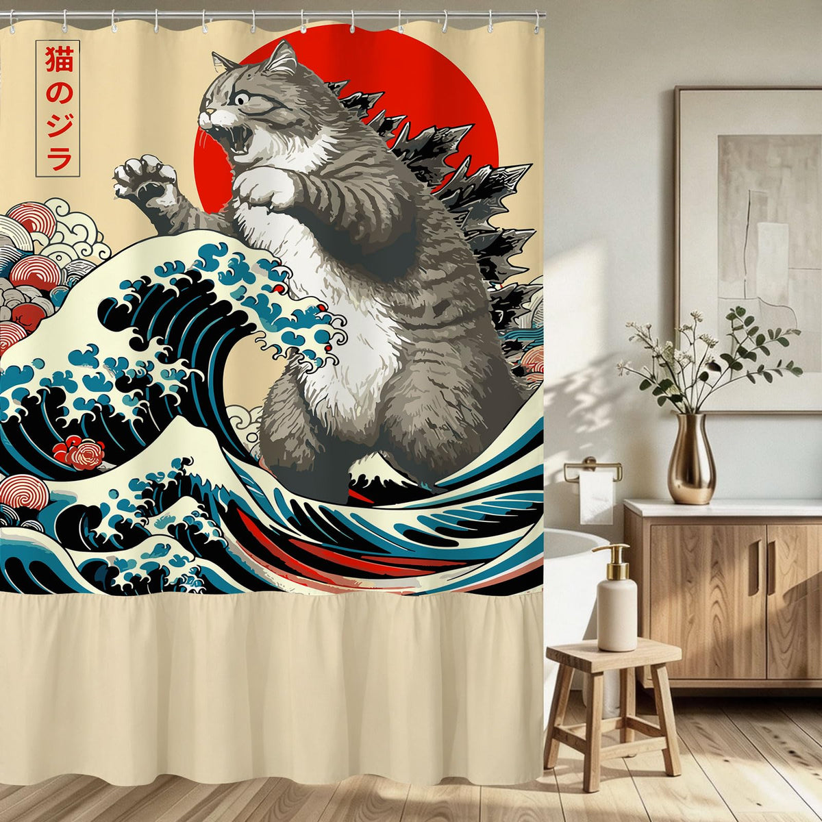 Funny Japanese Cat Funky Anime Japan Bathroom Shower Curtain, 72x72
