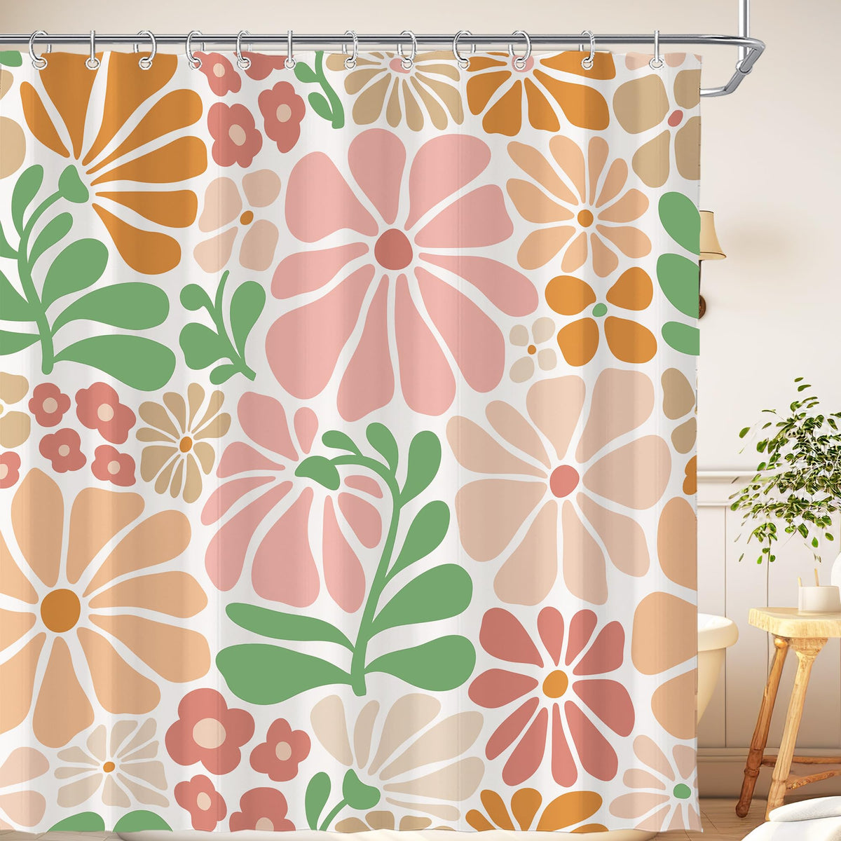 Black Cute Retro Floral Abstract 70s Aesthetic 72W*72H Inch Shower Curtain