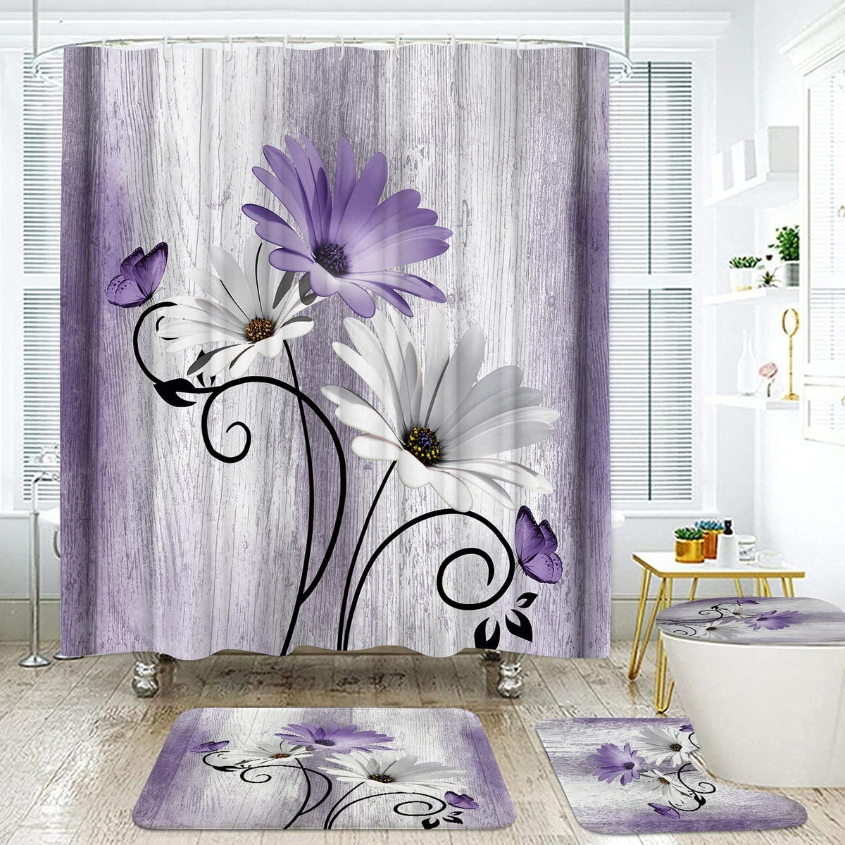 Onalasyc 4PCS Teal Daisy Floral Bathroom Sets with Shower Curtain and Rugs