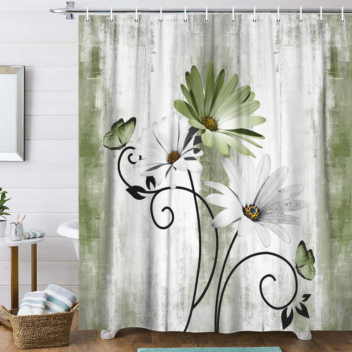 Rustic Farmhouse Shower Curtain, Farm Tan Cream Daisy Floral Flowers and Butterfly on Country Wooden Shower Curtains for Bathroom, Beige Brown Home Decor with 12PCS Hooks, 70X70IN