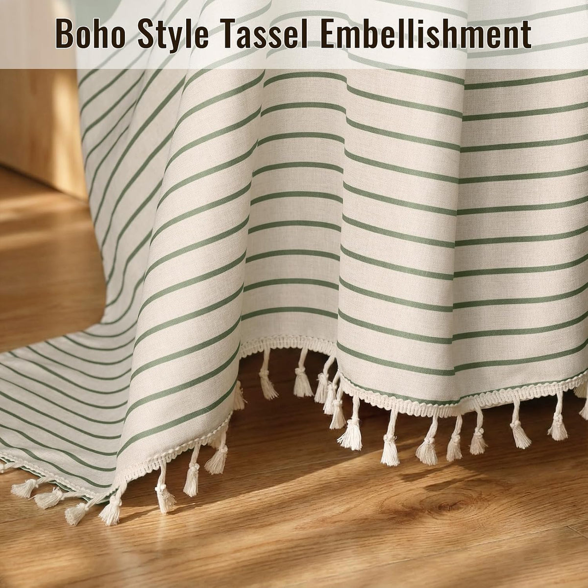 Vintage Green Striped Shower Curtain with 12 Clear Rings - 72" W x 84" L