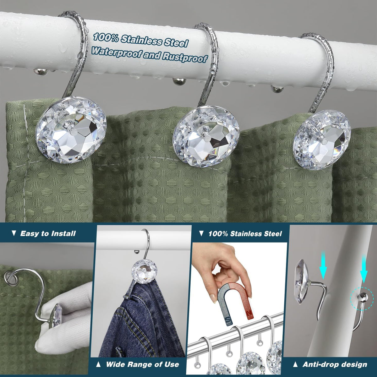 12PCS Shower Curtain Hooks Rings for Bathroom, Stainless Steel Metal Crystal Rhinestones Bling Rust Proof Shower Curtain Rings Hangers for Shower Curtain Decorative, Round Heavy Duty Hooks (Clear)