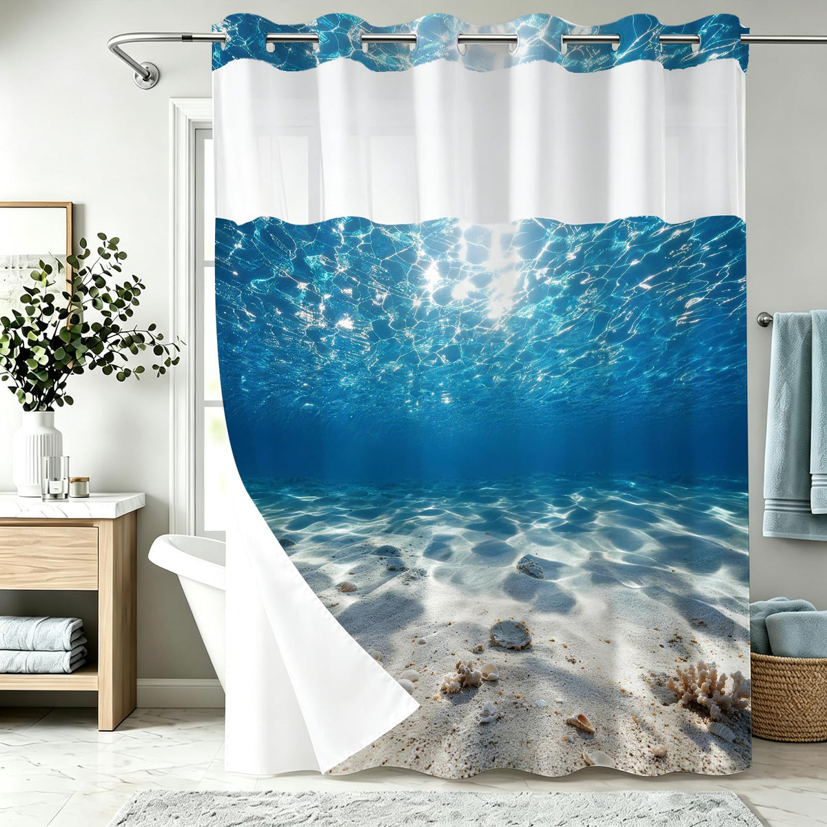 Nautical Green Sea Turtles Beach Theme Fabric Shower Curtain Sets Bathroom Blue Ocean Decor with Grommets and Hooks - 72 x 72 Inch Teal