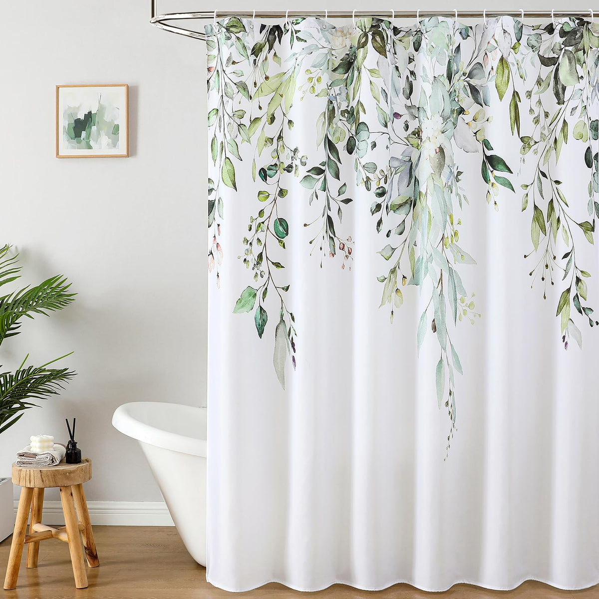 Colorful Star Grey Eucalyptus Floral Shower Curtain with Hooks, 72"W x 84"L