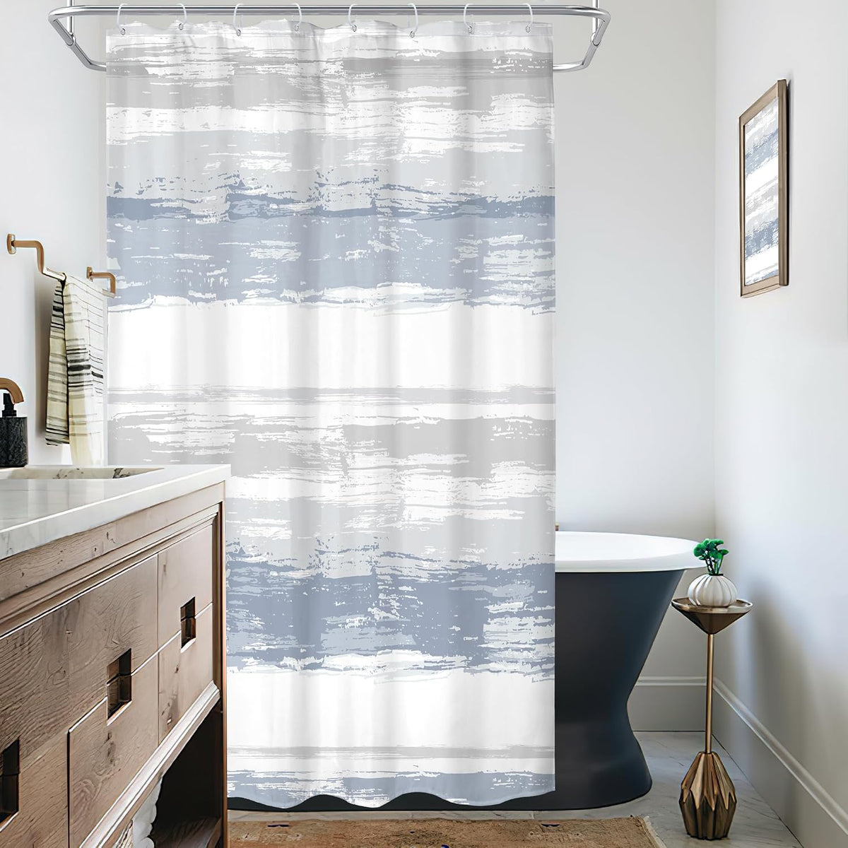 Abstract Blue Modern Gray Striped Minimalist Bathroom Shower Curtain Set