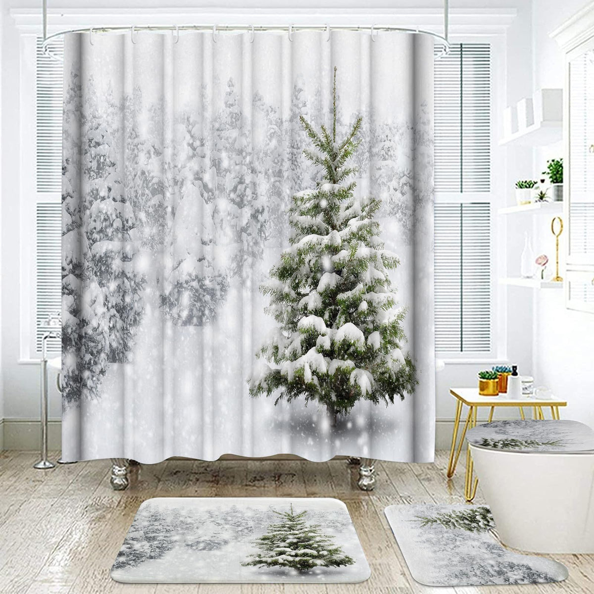 Onalasyc 4PCS Teal Daisy Floral Bathroom Sets with Shower Curtain and Rugs