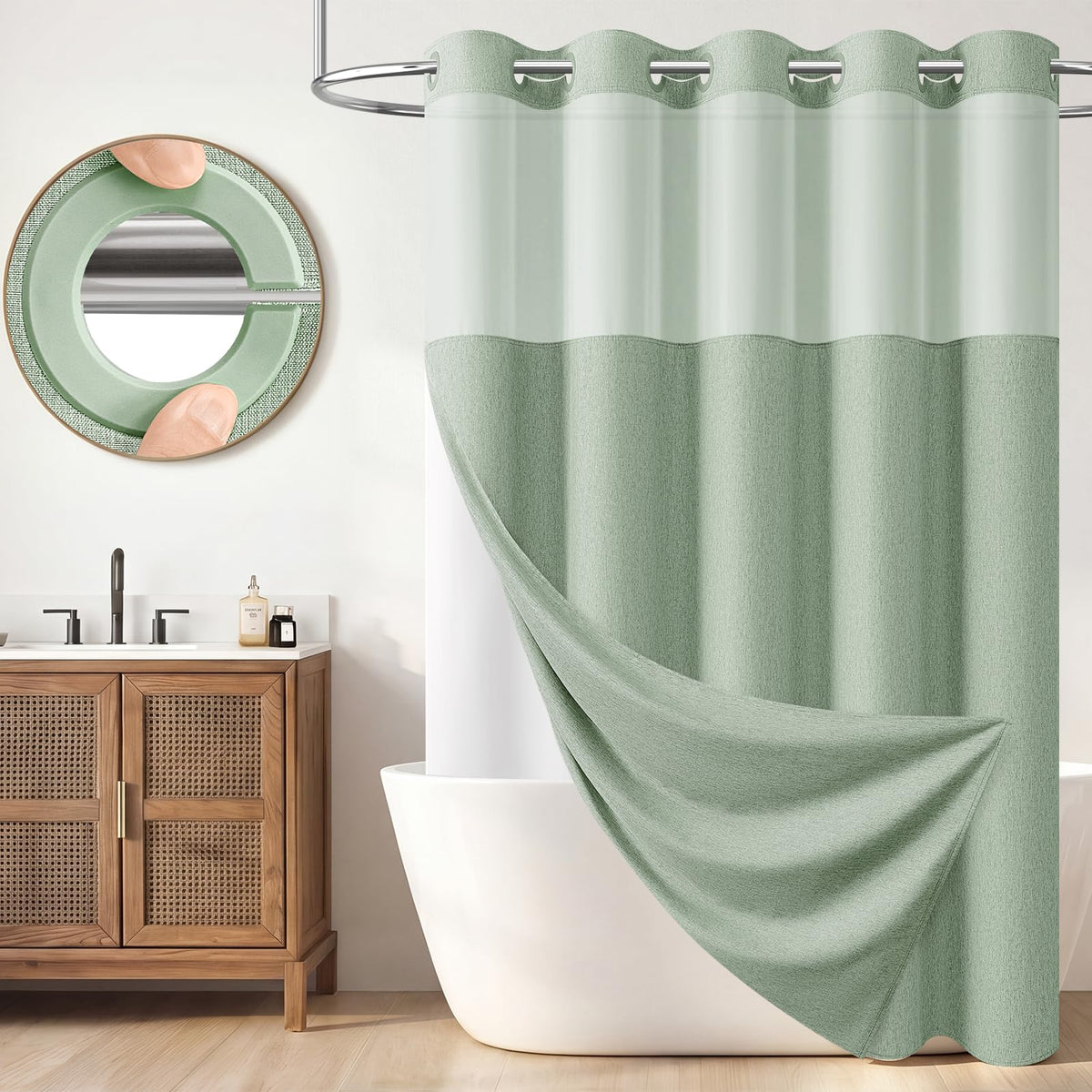 BTTN Cream Ringless Linen Textured Shower Curtain with Snap in Liner, 72x75