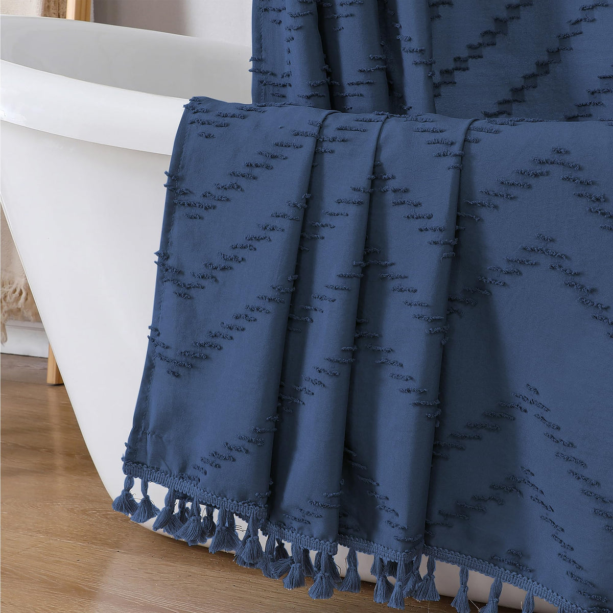 OWENIE Boho Shower Curtain, White Fabric Cloth Shower Curtains Farmhouse Tufted Chevron Striped Textured with Tassel for Bathroom, Soft Hotel Style Modern Minimalist, Machine Washable, 72x72, White