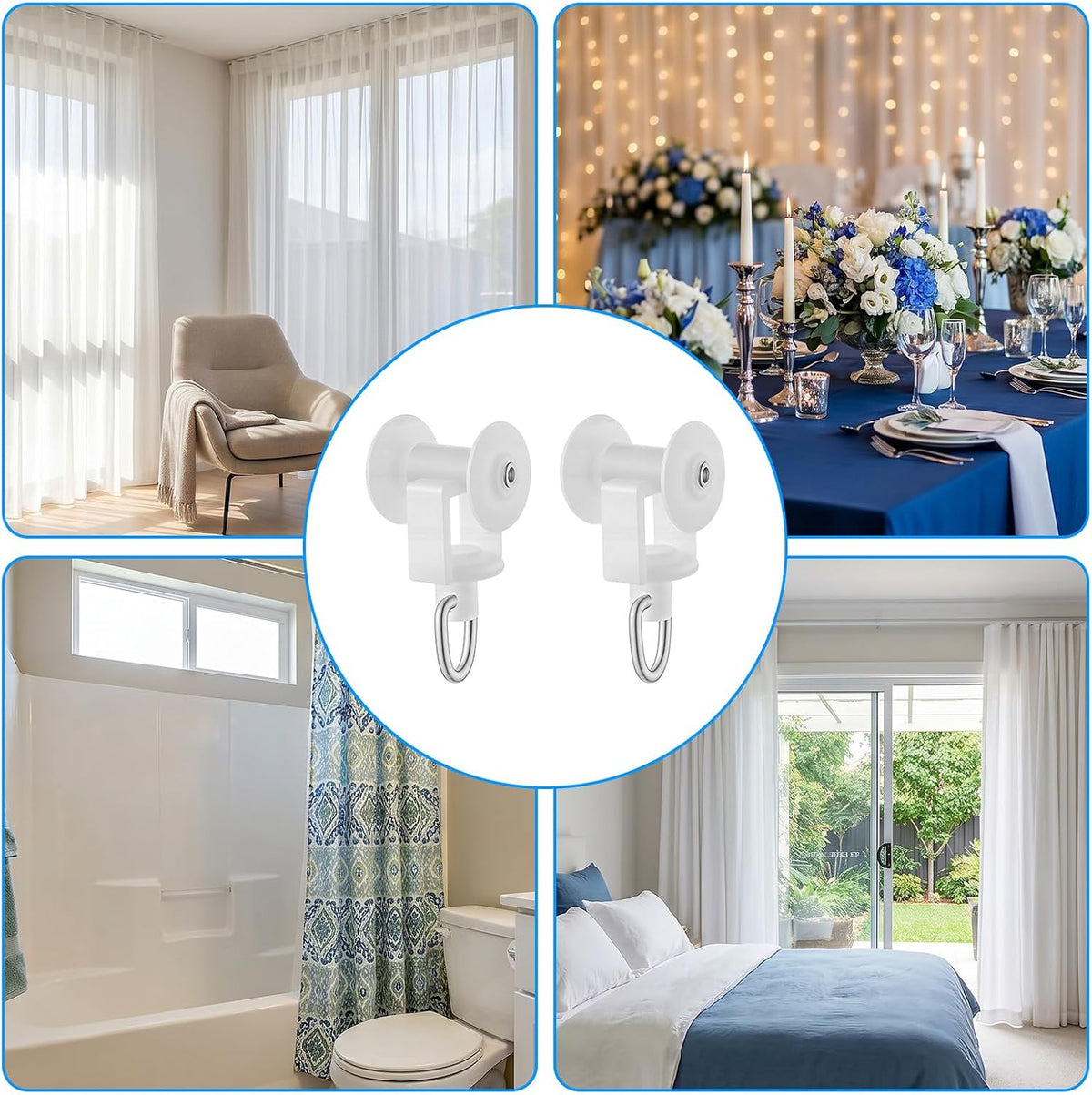 Nogeqi 100PCS Curtain Track Gliders, Dual Wheel Curtain Track Hooks with Stainless Steel Hook, Mute Plastic Roller Hooks for Ceiling Drapes Sliding Glider Compatible with Most Tracks, Easy Install