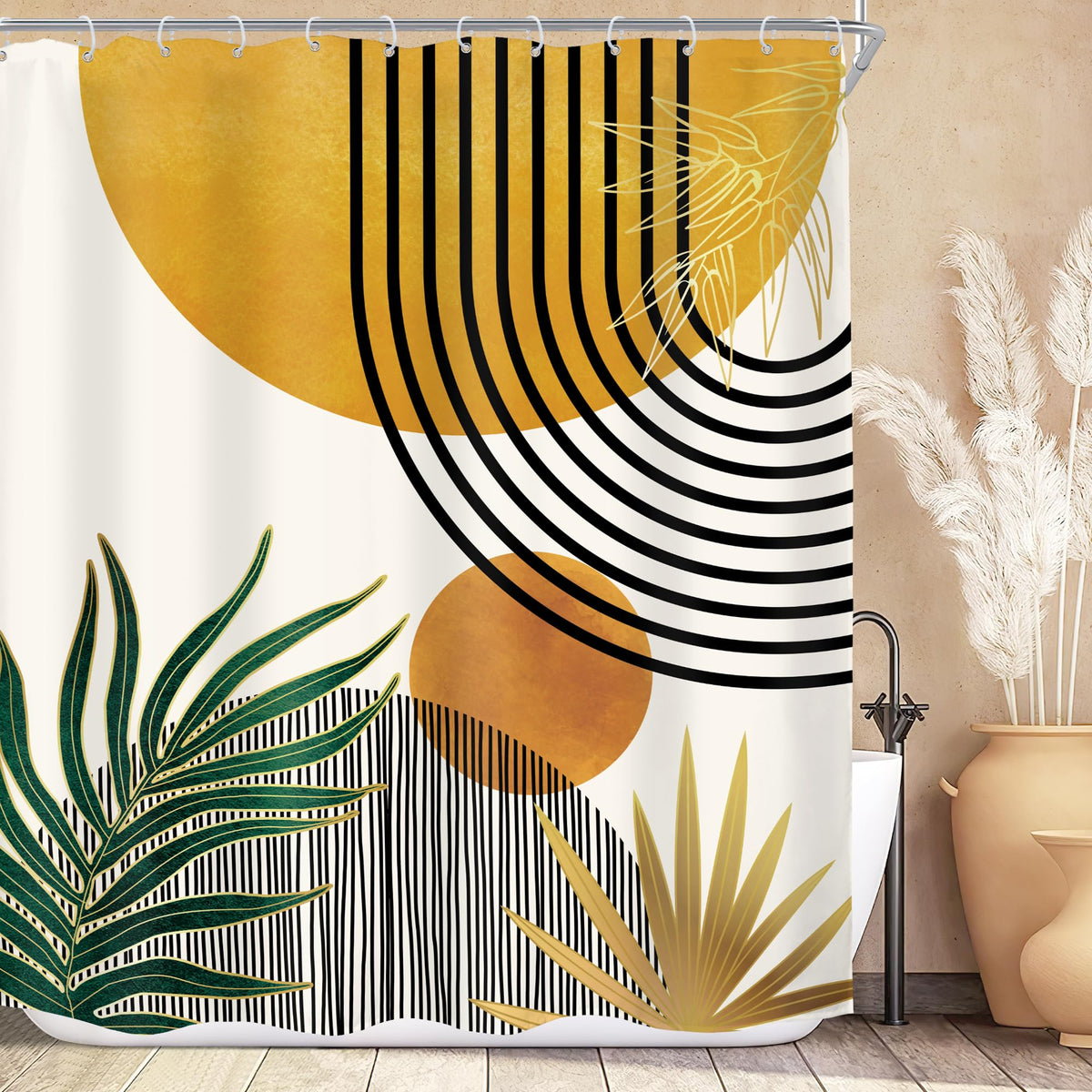 KOMLLEX Mid Century Green Boho Shower Curtain, Abstract Modern Shower Curtains for Bathroom, Plant Botanical Minimalist Leaf Arch Sun Fabric Liner Waterproof Polyester 12 Pack Hooks 60Wx72L Inches