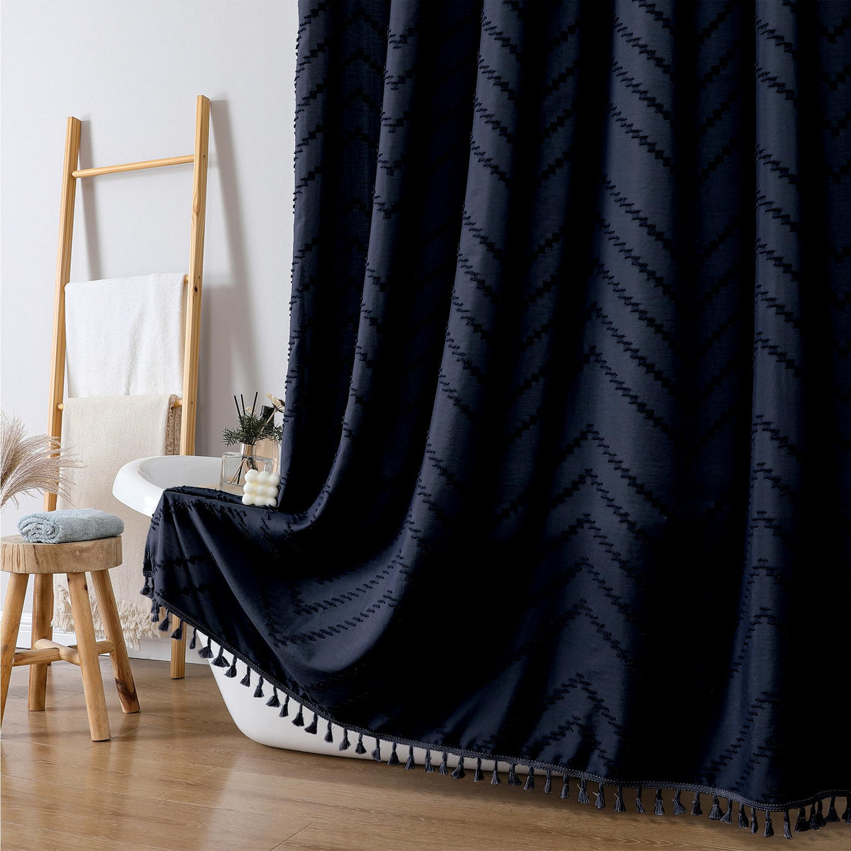 OWENIE Boho Shower Curtain, White Fabric Cloth Shower Curtains Farmhouse Tufted Chevron Striped Textured with Tassel for Bathroom, Soft Hotel Style Modern Minimalist, Machine Washable, 72x72, White