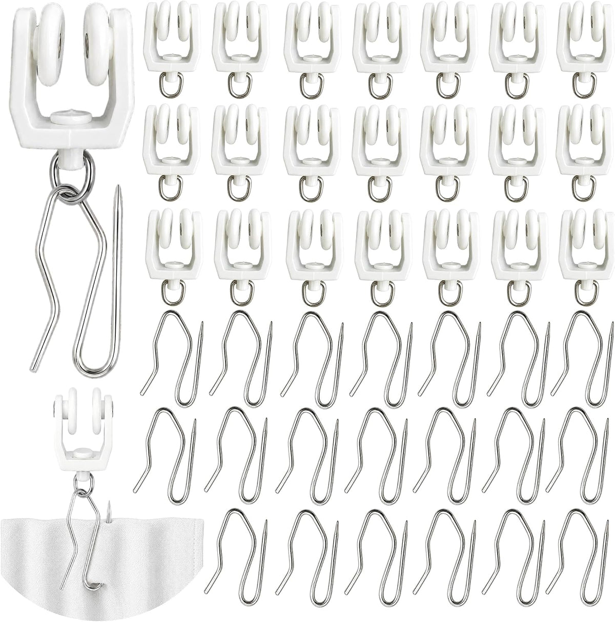 200 Pcs 11 mm Plastic Drapery Rail Gliders & Hooks Set, Ceiling Mount Curtain Track Rollers and 1.2 Inches Metal Pin-on Hooks for Bed Window Room Divider, Shower Drapes