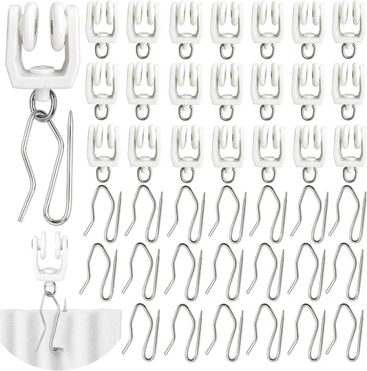 200 Pcs 11 mm Plastic Drapery Rail Gliders & Hooks Set, Ceiling Mount Curtain Track Rollers and 1.2 Inches Metal Pin-on Hooks for Bed Window Room Divider, Shower Drapes