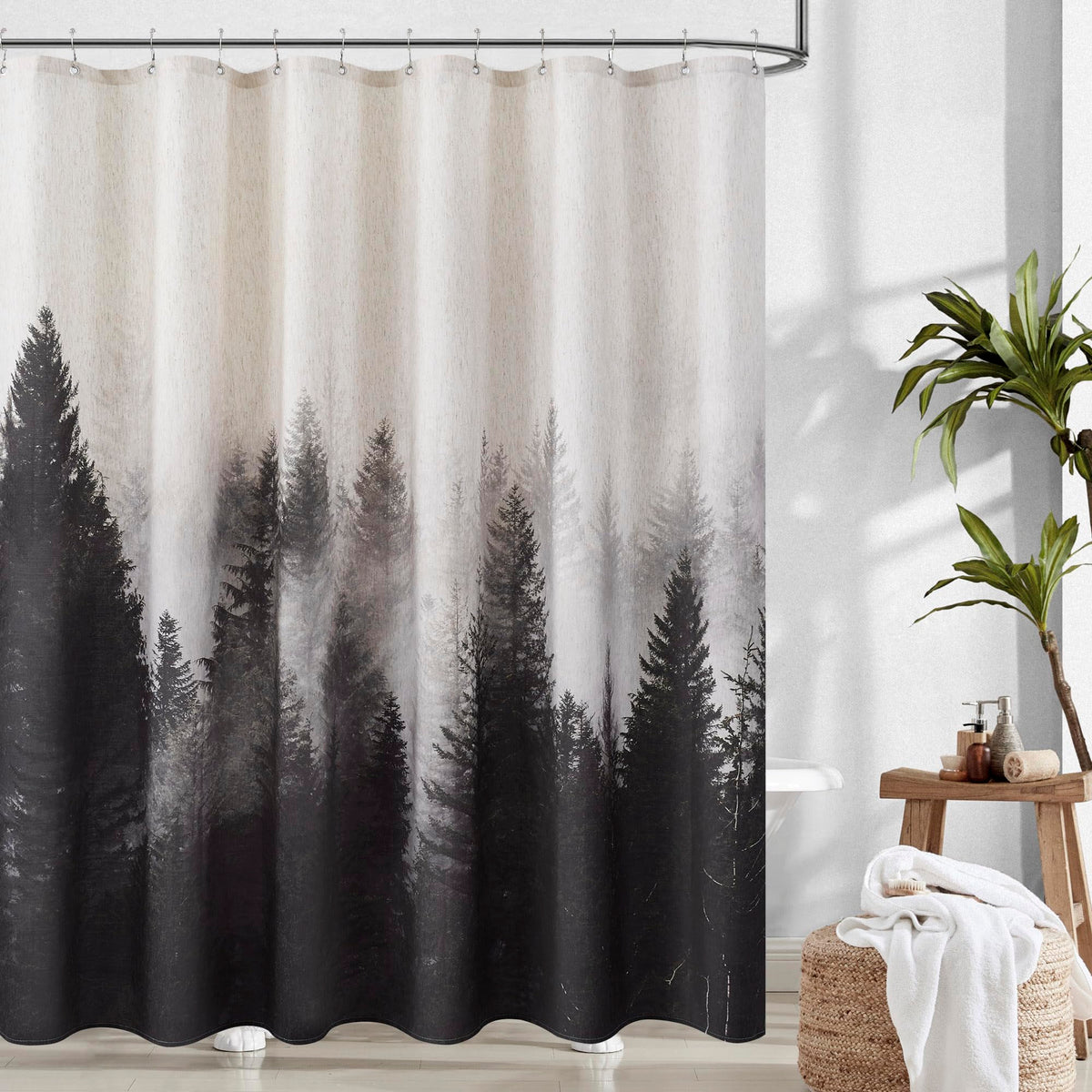 ORTIGIA Black and White Misty Forest Shower Curtain for Bathroom, Nature Woodland Curtain Set with Hooks, Decorative Pine Tree Fog Magic Bath Decor for Home Weighted, 72x72