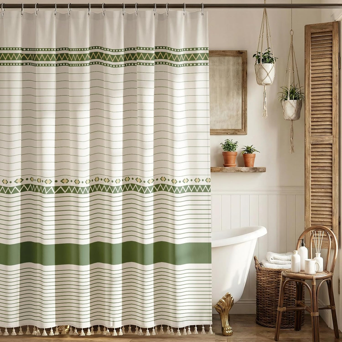Vintage Green Striped Shower Curtain with 12 Clear Rings - 72" W x 84" L