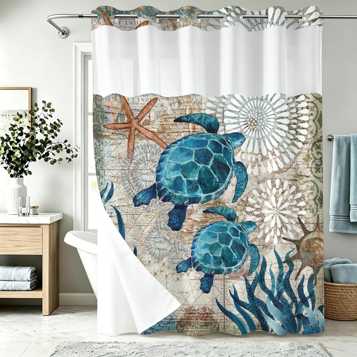 Nautical Green Sea Turtles Beach Theme Fabric Shower Curtain Sets Bathroom Blue Ocean Decor with Grommets and Hooks - 72 x 72 Inch Teal