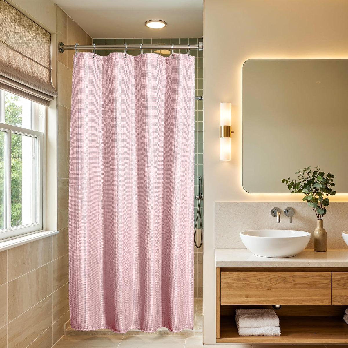 AmazerBath White Shower Curtain Fabric, Waffle Shower Curtains for Bathroom, Cloth Shower Curtain Heavy Duty, Thick Bathroom Shower Curtains Hotel Quality, Premium Polyester, 72x72 Inches