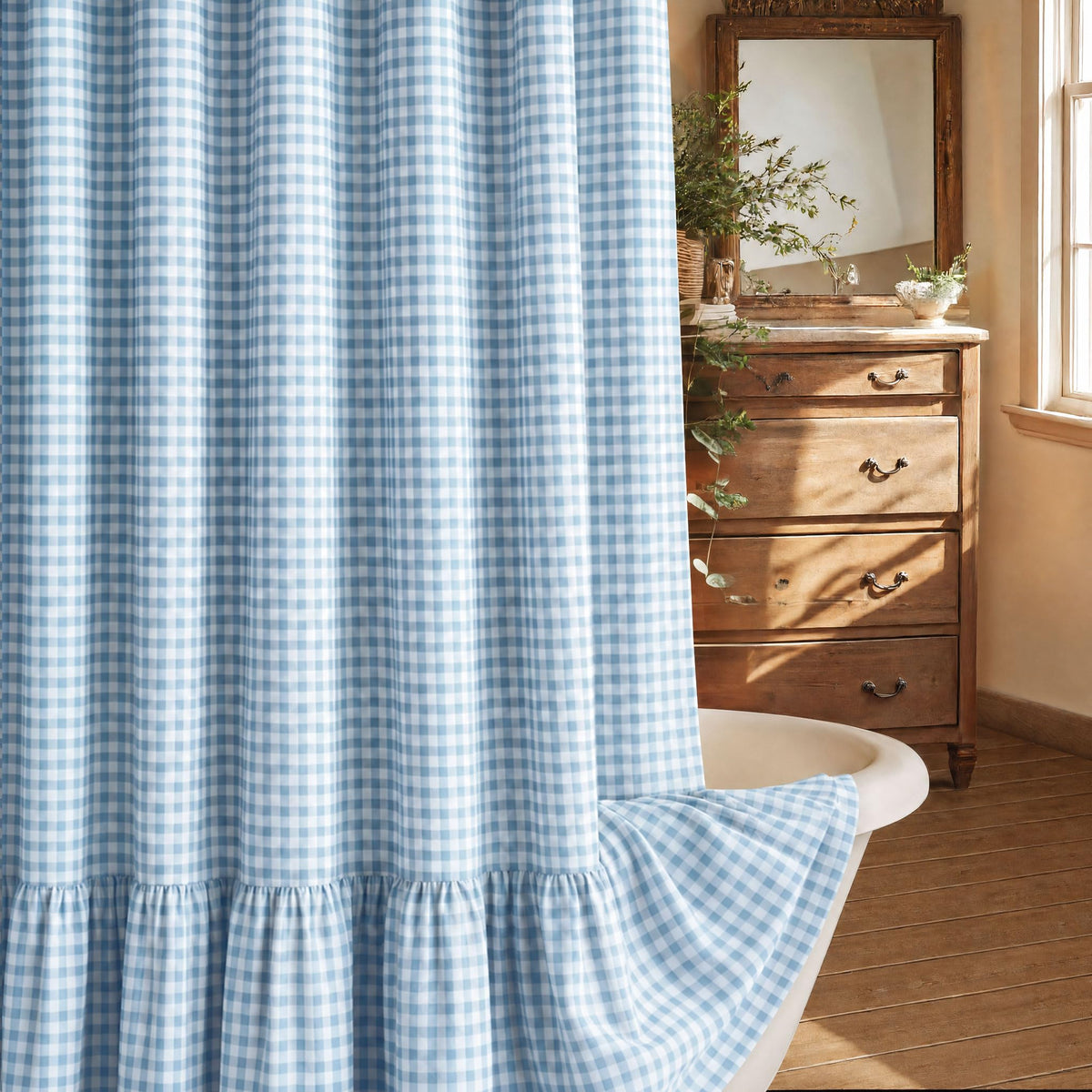 Farmhouse Shower Curtain Ruffle Linen Cream-Green Stripe 72"W x 72"L