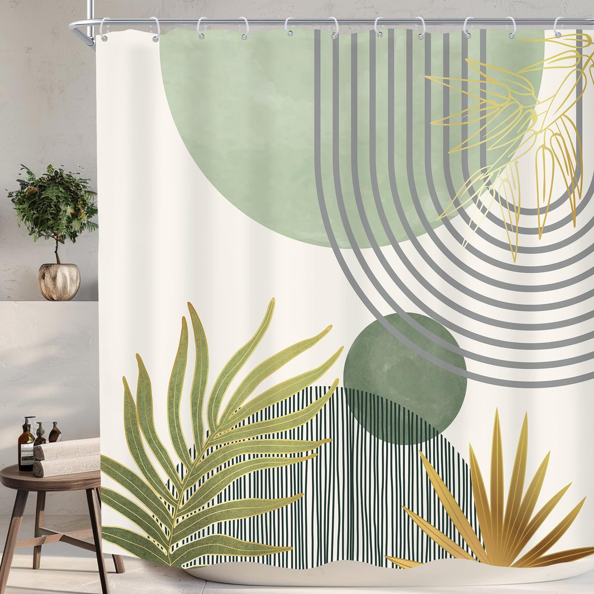 KOMLLEX Mid Century Green Boho Shower Curtain, Abstract Modern Shower Curtains for Bathroom, Plant Botanical Minimalist Leaf Arch Sun Fabric Liner Waterproof Polyester 12 Pack Hooks 60Wx72L Inches