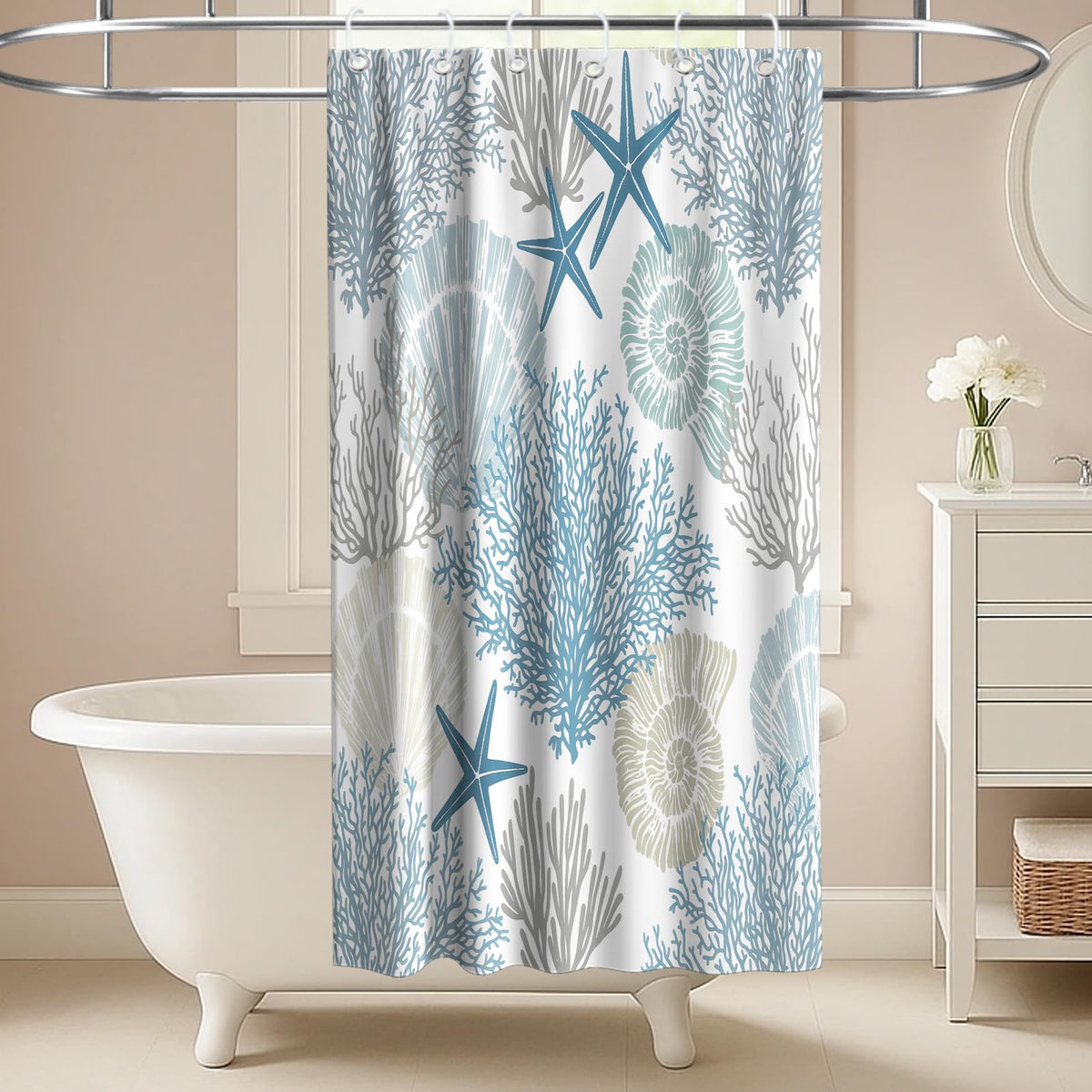 Nautical Green Sea Turtles Beach Theme Fabric Shower Curtain Sets Bathroom Blue Ocean Decor with Grommets and Hooks - 72 x 72 Inch Teal