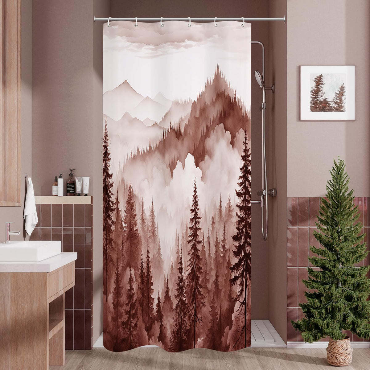 Dark Green Pine Forest Shower Curtain, Misty Woodland, 72 x 72 Inches