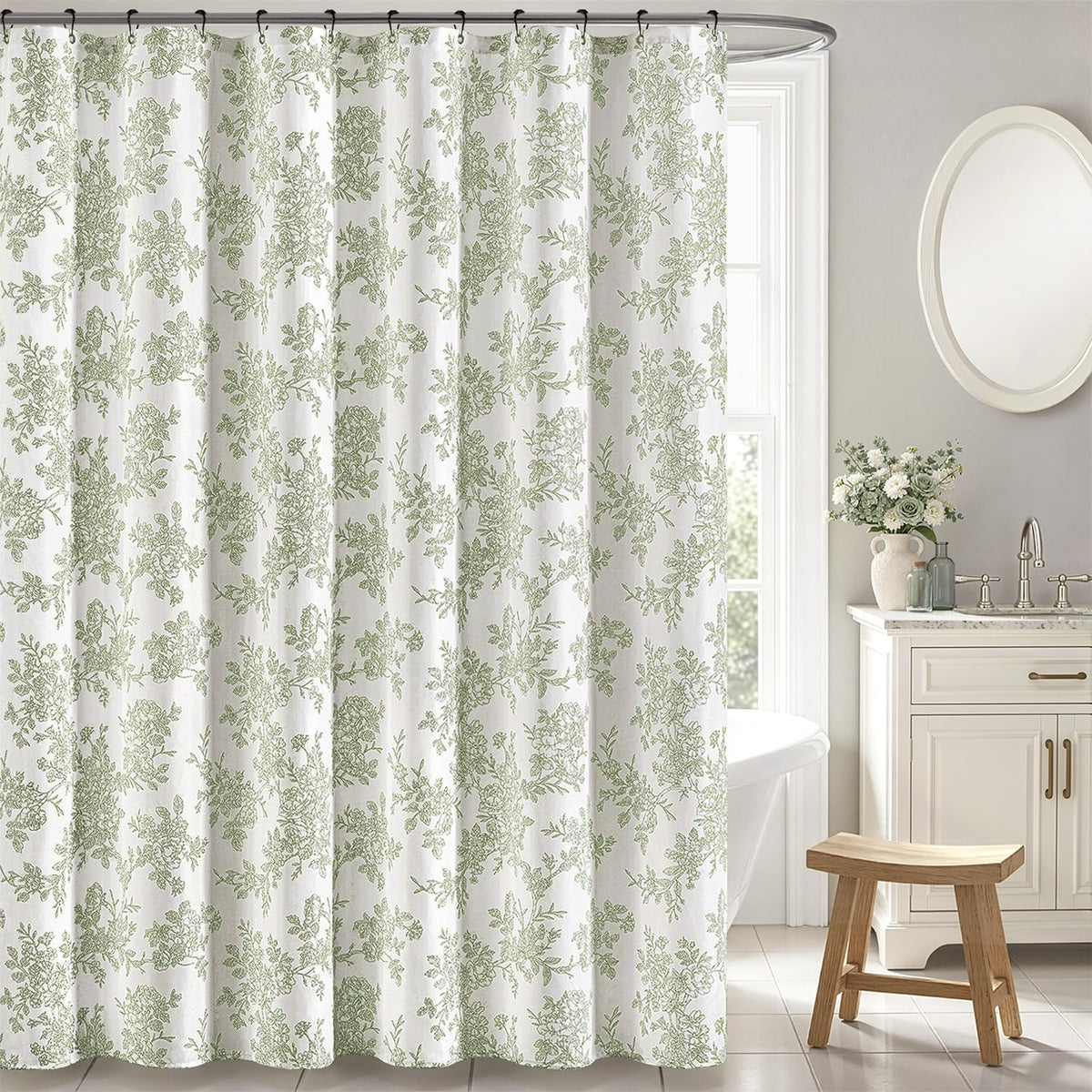 Linen Blue Floral Toile Shower Curtain W72*L72 Inches Long