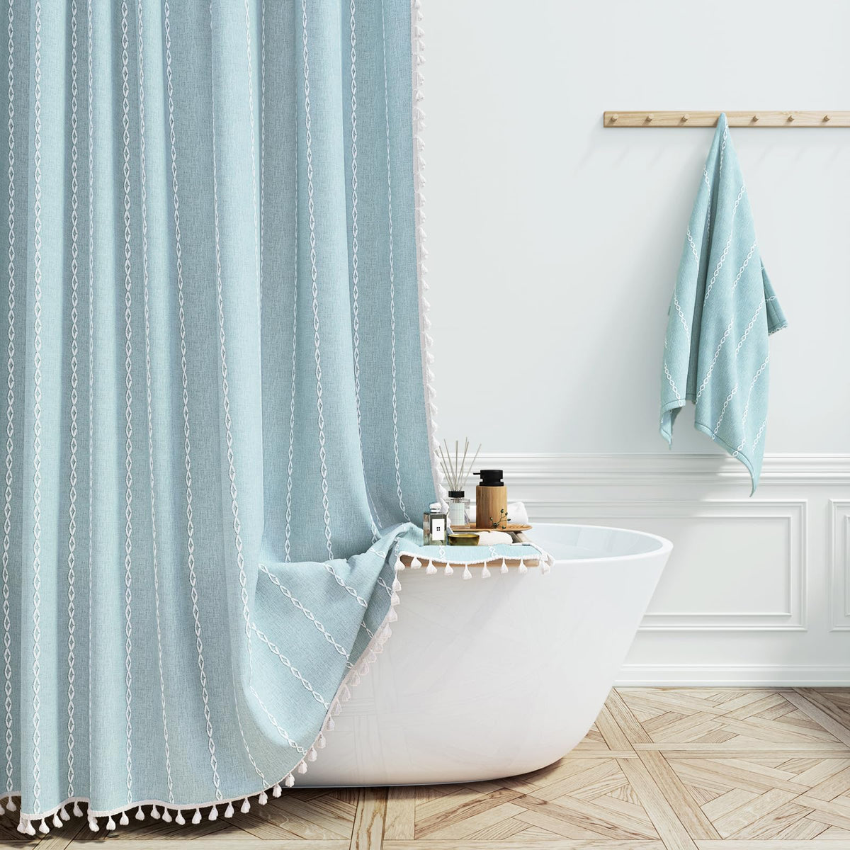 BTTN Cream Boho Farmhouse Linen Heavy Duty Shower Curtain Set, 72x72, Beige