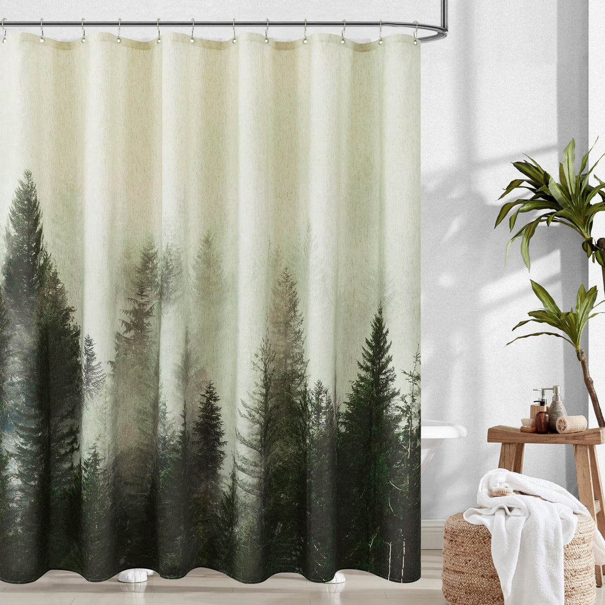 ORTIGIA Black and White Misty Forest Shower Curtain for Bathroom, Nature Woodland Curtain Set with Hooks, Decorative Pine Tree Fog Magic Bath Decor for Home Weighted, 72x72