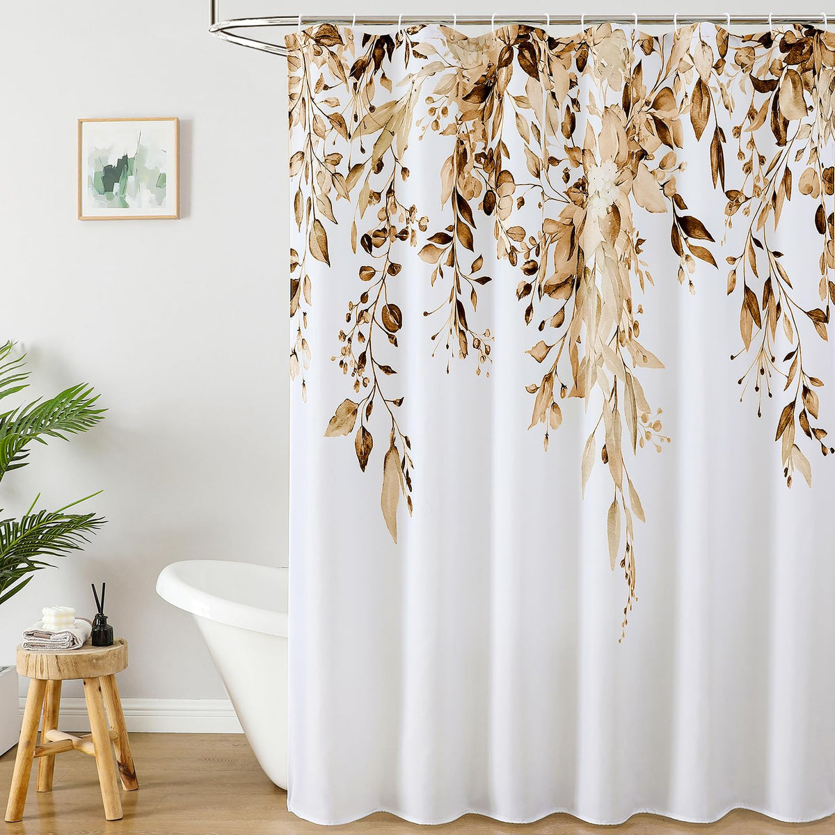Colorful Star Grey Eucalyptus Floral Shower Curtain with Hooks, 72"W x 84"L