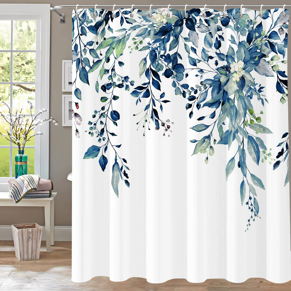 Shower Curtain Blue Eucalyptus Shower Curtains for Bathroom, Watercolor Leaf Shower Curtain Sets Waterproof Plant Shower Curtain Leaves Fabric Cloth Bathroom Curtains 72x72 inch with Hooks