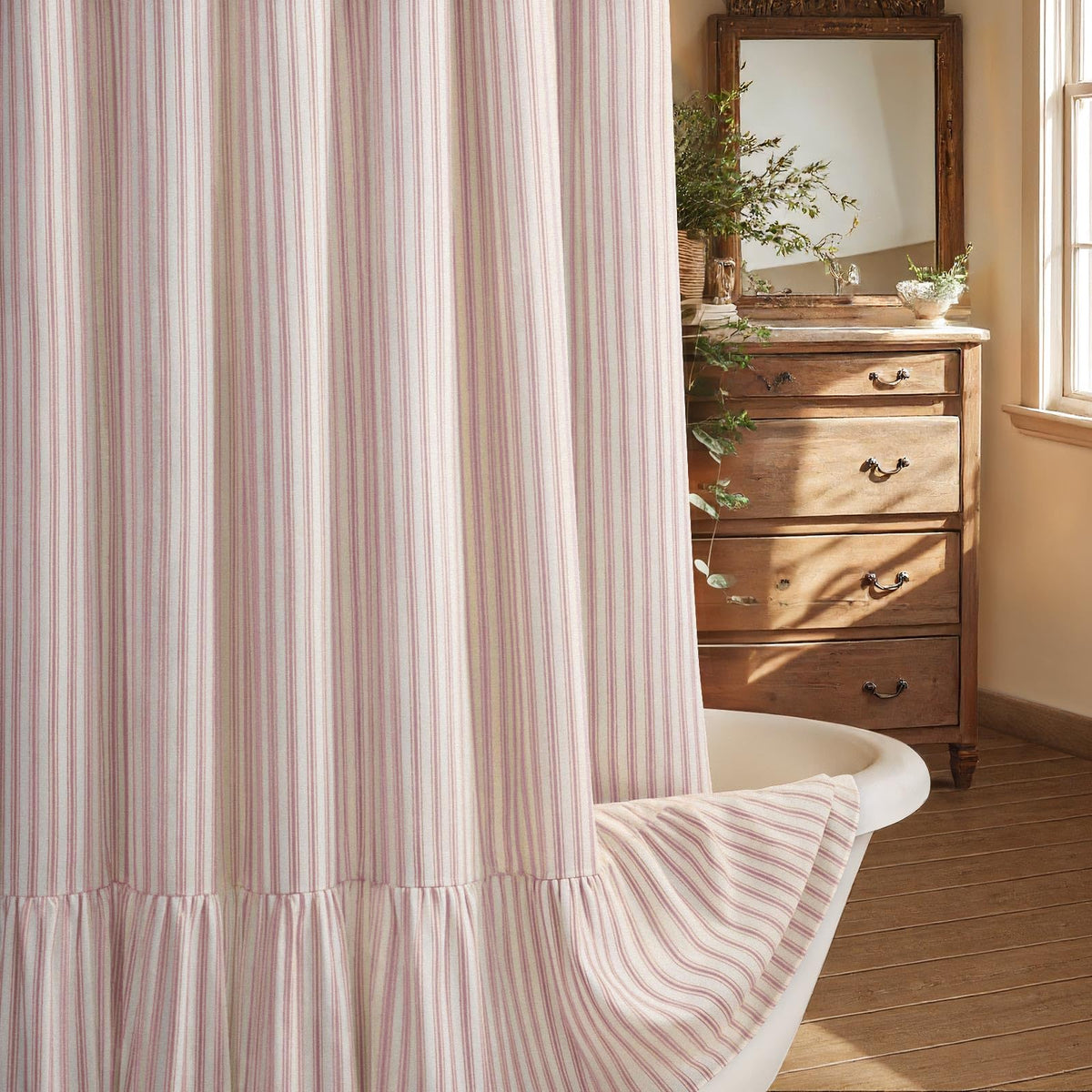 Farmhouse Shower Curtain Ruffle Linen Cream-Green Stripe 72"W x 72"L