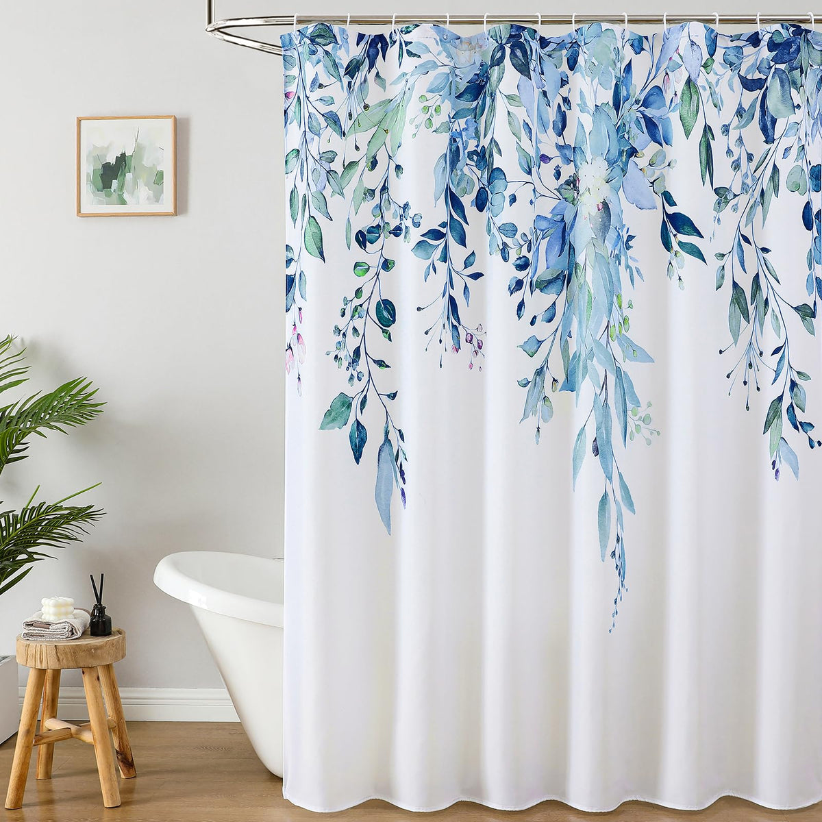 Colorful Star Grey Eucalyptus Floral Shower Curtain with Hooks, 72"W x 84"L