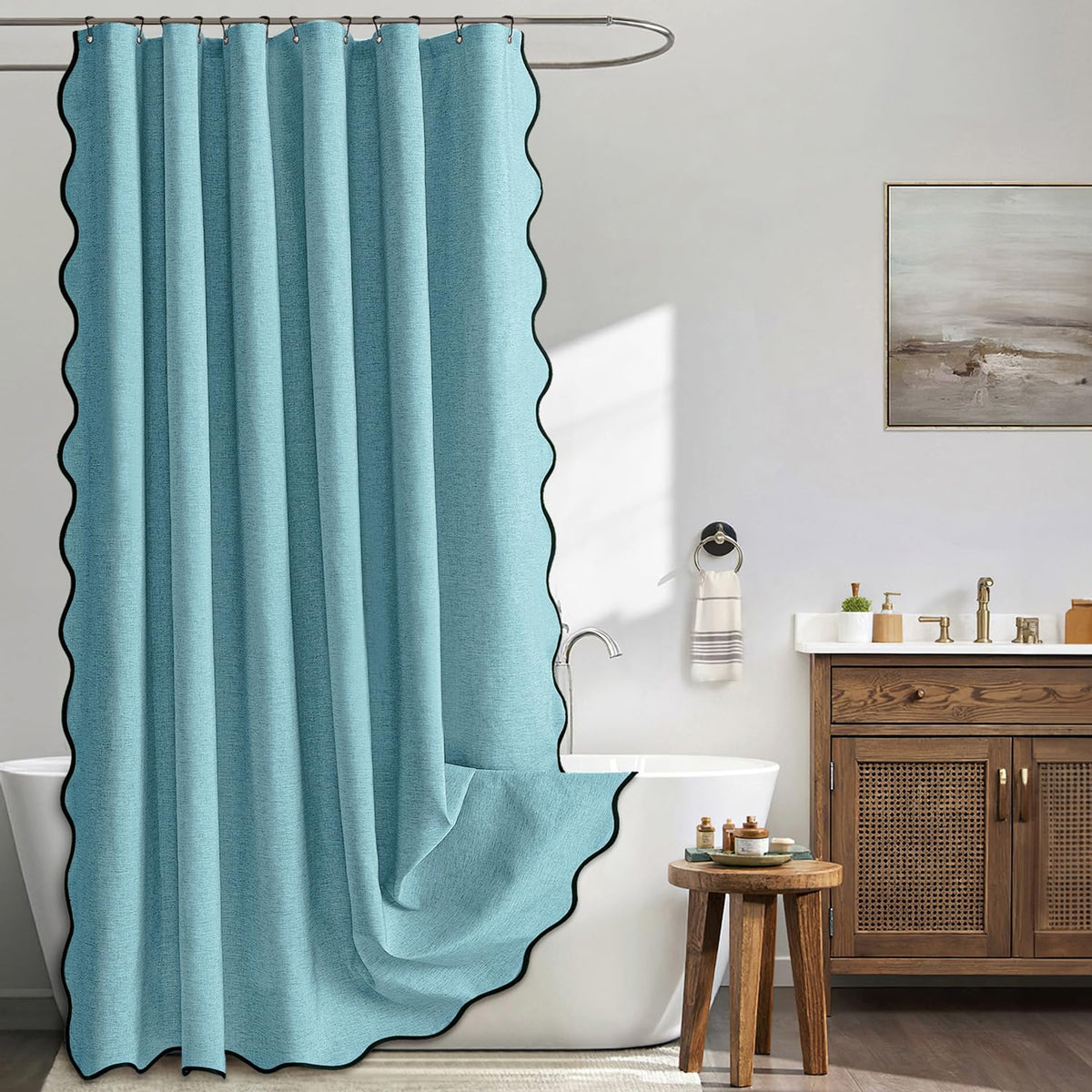 MIULEE Beige Scalloped Shower Curtain Linen Textured with 12 Metal Hooks Cute Heavy Duty Washable Waterproof Neutral Thick Cloth Shower Curtains with Black Border for Bathroom Bathtub,W72*L72 Cream