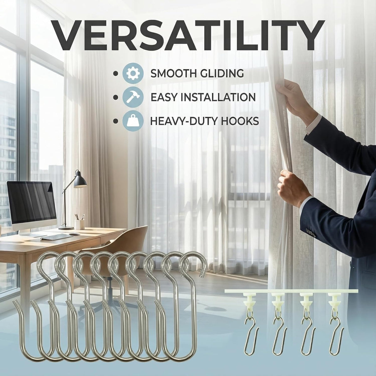 40 Pcs Curtain Track Gliders and Hooks Set Includes 20 Plastic Track Rollers 20 Stainless Steel Hooks Ideal for Ceiling Curtain Track RV Shower Curtain Rail Drapery System