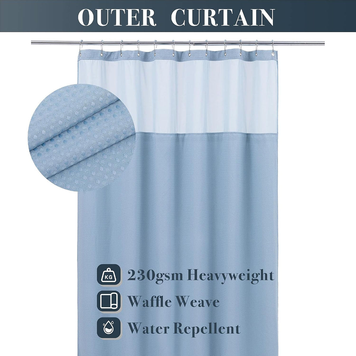 N&Y HOME Waffle Weave Shower Curtain with Snap-in Liner Set Blue, 71x72
