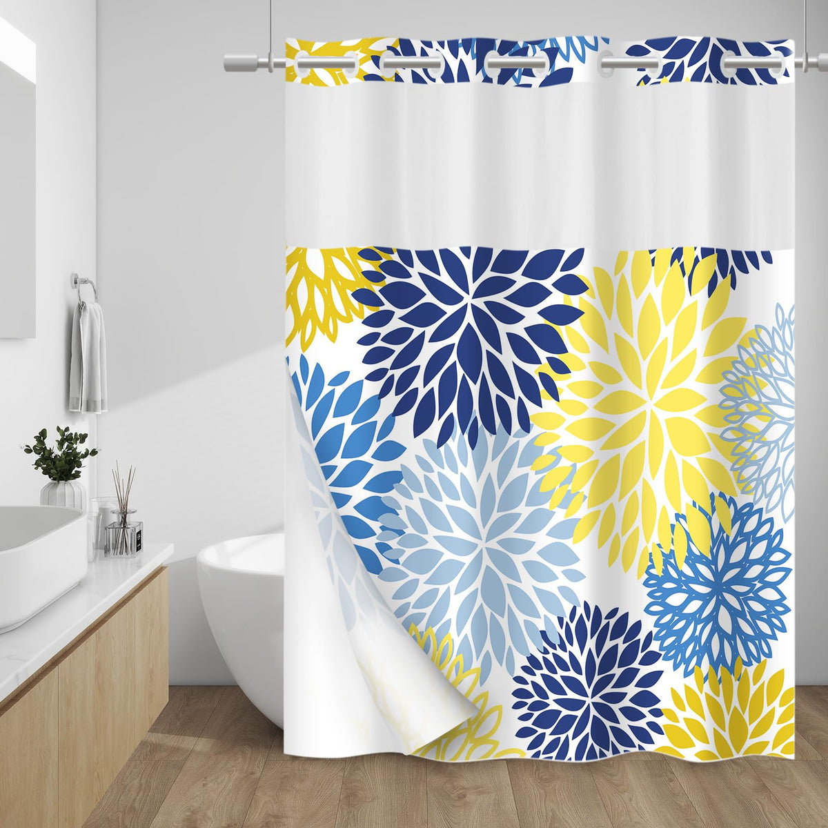 WITHLOC Hook Free Floral Shower Curtain with Liner, Blue Beige, 71x74