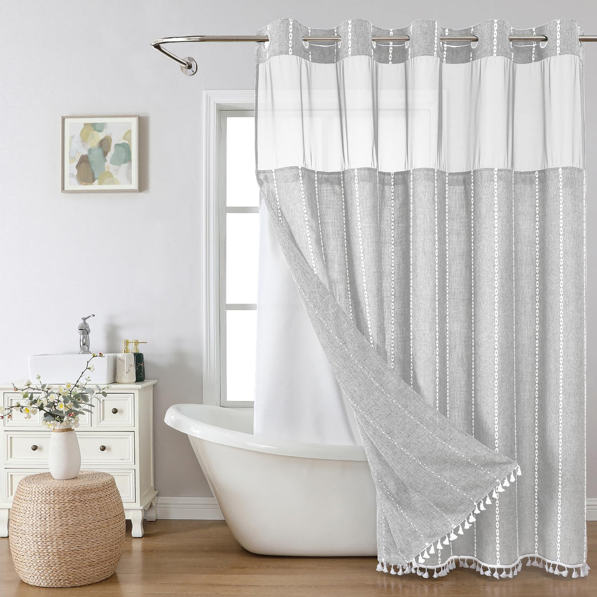 eachope Boho Farmhouse No Hook Shower Curtain Set with Snap-in Fabric Liner,Heavy-Duty Linen Textured Rustic Striped Design,Water-Repellent with Tassels and Sheer Window,Tan/Taupe,71x74