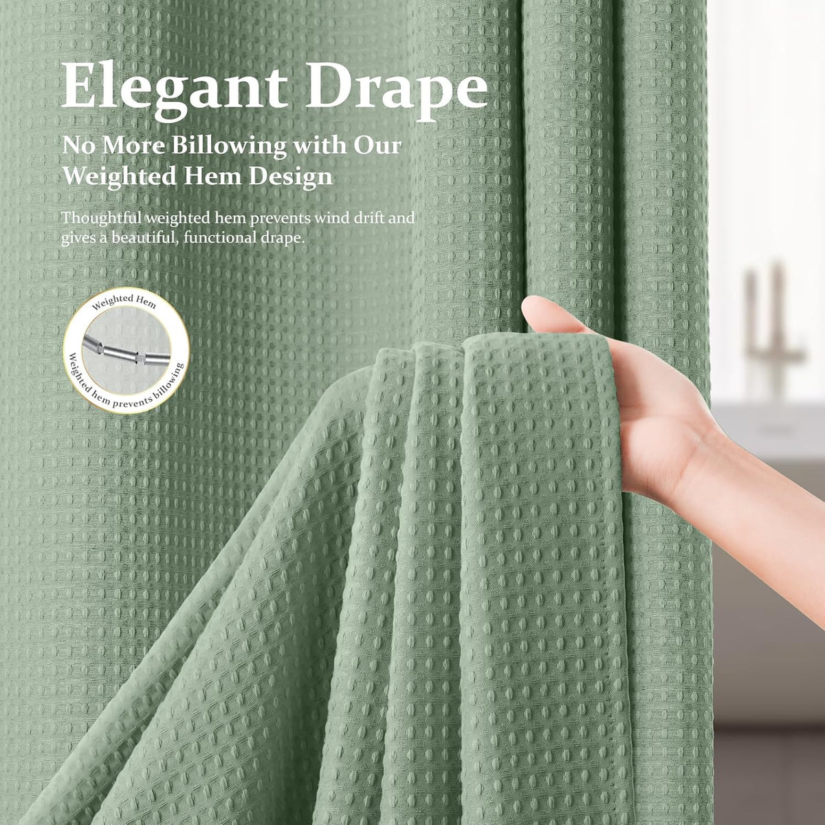 Dynamene Waffle Shower Curtain 256 GSM Heavy Duty Fabric 72"x72" Sage Green