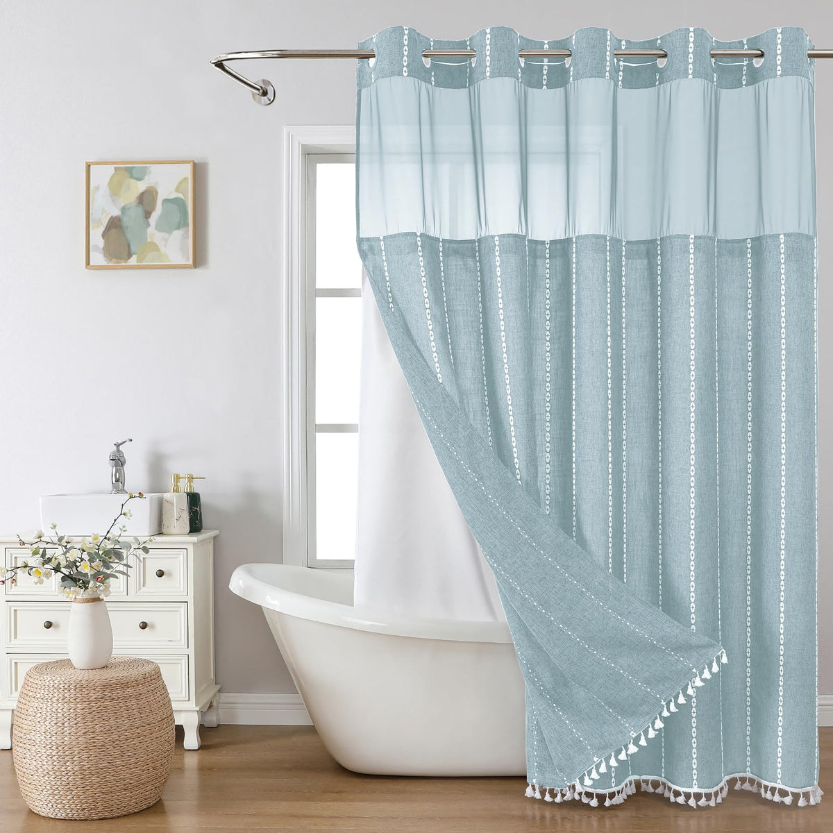 eachope Boho Farmhouse No Hook Shower Curtain Set with Snap-in Fabric Liner,Heavy-Duty Linen Textured Rustic Striped Design,Water-Repellent with Tassels and Sheer Window,Tan/Taupe,71x74