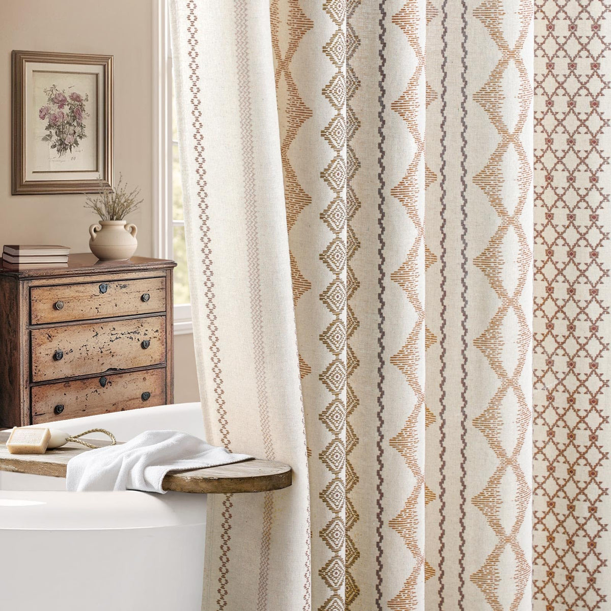 Natural Linen Boho Shower Curtain,72" W x 72" L
